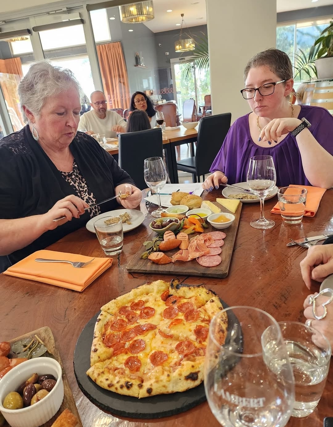 Winery lunch with pizza and platters