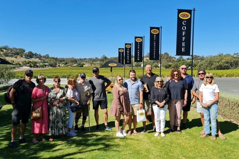 Tour group at Melbas Chocolates vineyard